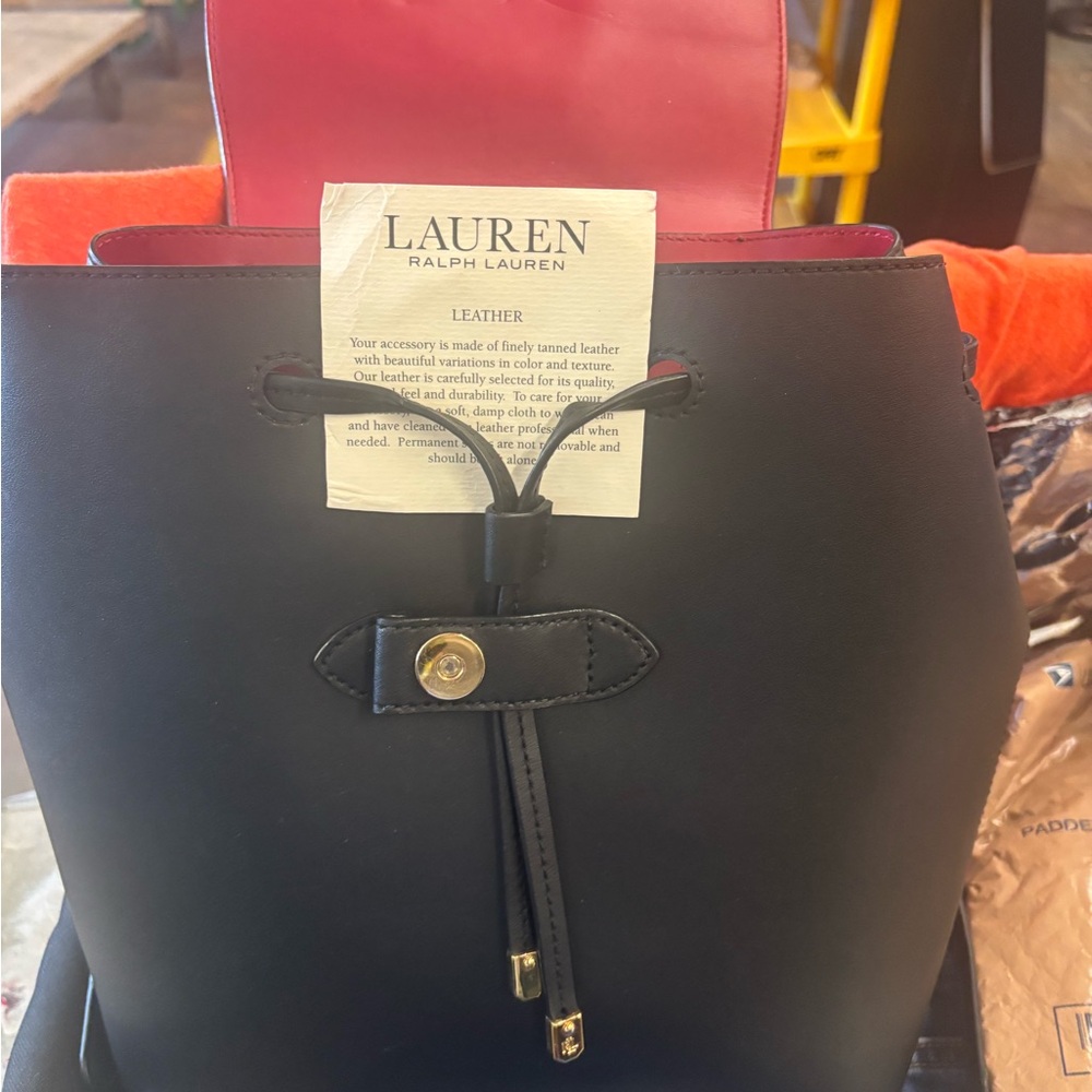 Lauren Ralph Lauren Black Leather Drawstring Bucket Bag with Red Interior Trim